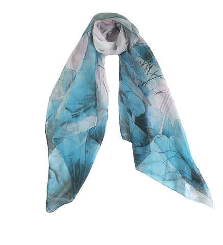 Long Silk Chiffon Scarf Blue Theme Floral Print SCH322