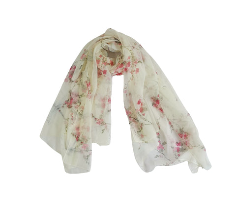 Extra Long Extra Wide Chiffon Scarf White Theme Floral PrintCHD334