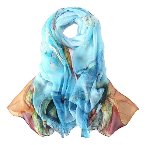 Yangtze Store Extra Wide High Quality Silk Chiffon Scarf Blue Theme Floral Print SCH504