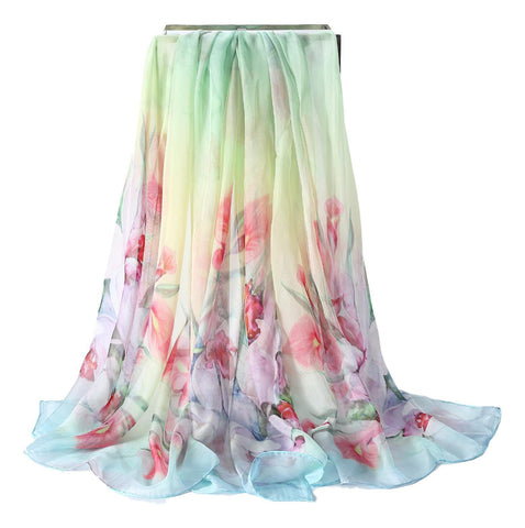 Yangtze Store Extra Wide High Quality Silk Chiffon Scarf Light Blue and green Floral Print SCH512