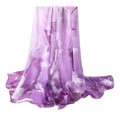 Yangtze Store Extra Wide High Quality Silk Chiffon Scarf Purple Theme Floral Print SCH510