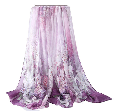 Allegra K Womens Long Shawl Floral Silk Chiffon Beach Soft Scarf 63x20  White-Purple Flower Print
