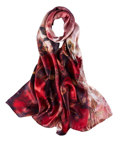 Large Silk Scarf/Wrap Red Floral Print Made by Ixu Niang Silk - Ruby Lane