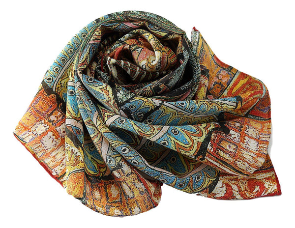 Long Crepe Silk Scarf Orange and Turquoise Classic Painting LSZ021 ...
