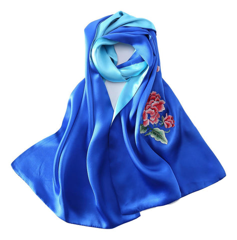 Yangtze Store Luxurious Extra Heavy Charmeuse Silk Scarf with Hand Embroidery Blue EMB004