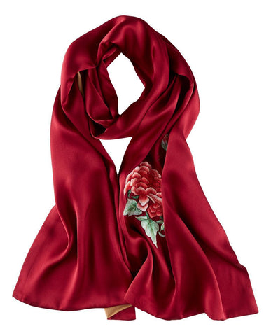 Luxurious Extra Heavy Charmeuse Silk Scarf with Hand Embroidery Red EMB006