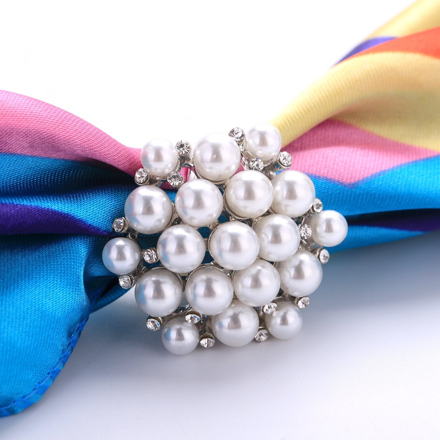Women's Fashion Silk Scarf Buckle Silver Pearl and Crystal Clip Ring BUK004